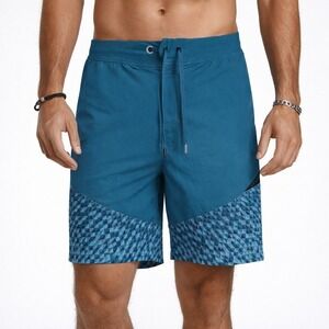 Hylete Mens Above Knee Training Shorts Teal Blue Geometric Pattern Medium Gym